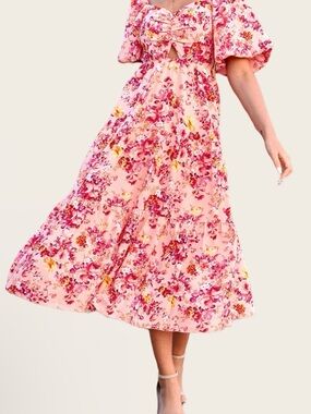 Floral Pink Puff-Sleeve Midi Dress